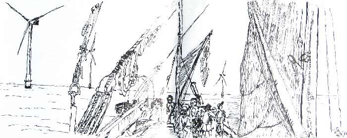 Sketch sailing through wind farm