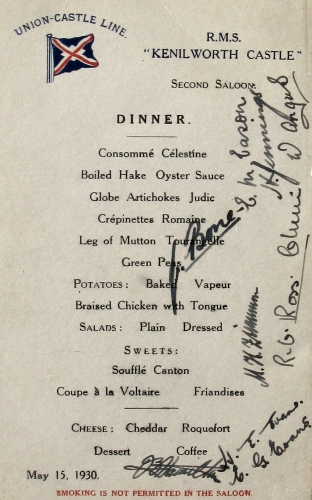 RMS Kenilworth Castle Dinner Menu
