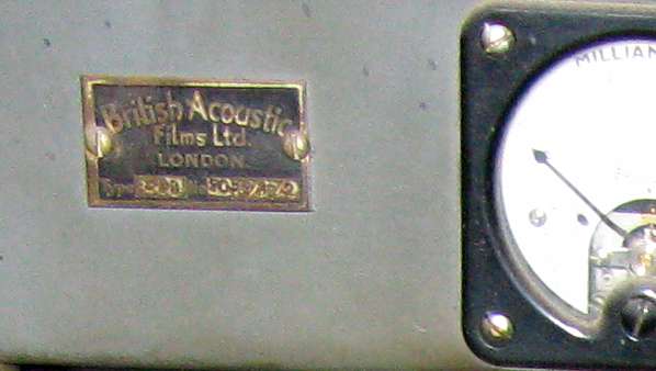 Auditorium amplifier name plate close up