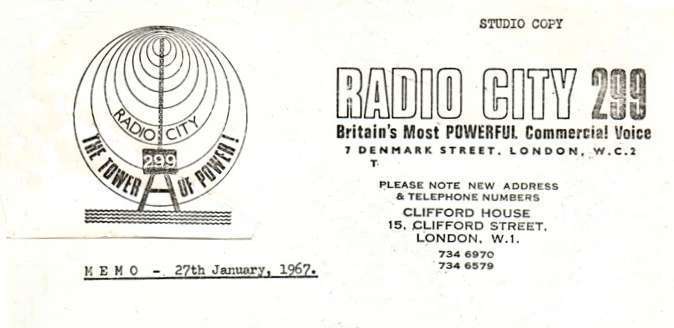 Radio City Studio Memo 27th January 1967