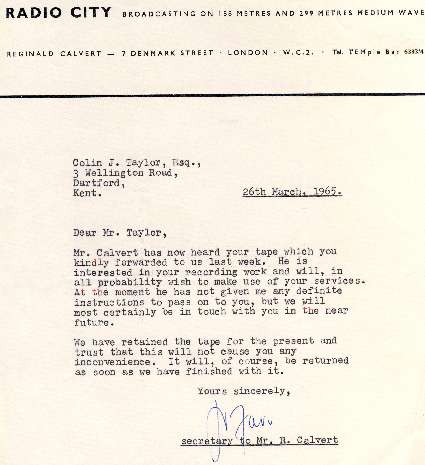 Letter from Reg Calvert to Colin J Taylor